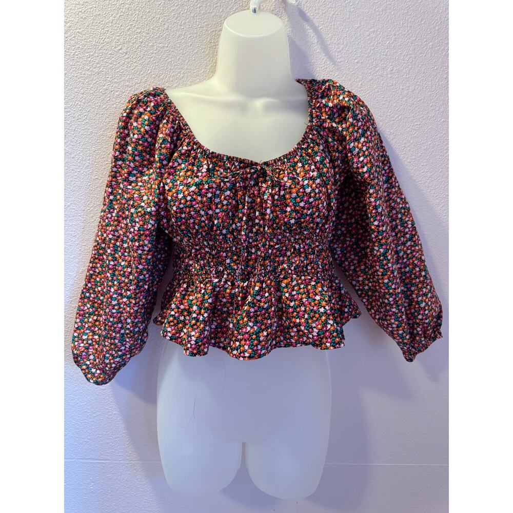 ZARA Floral Cotton Puff Sleeve Crop Top Blouse M Cottagecore Milkmaid - Picture 2 of 4